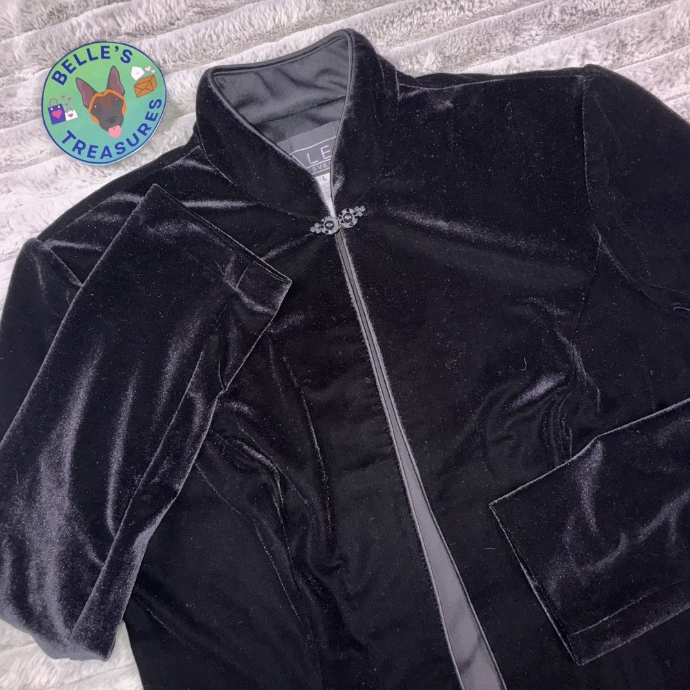 VTG Black Velvet Open Cardigan Jacket Rhinestone Buckle Large Prom Wedding Dress